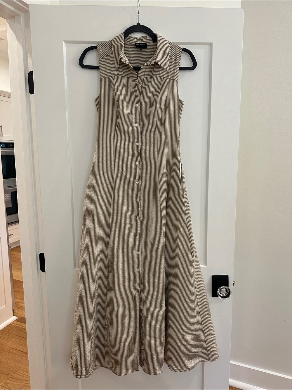 Ted Baker Beige and White Striped Sleeveless Button-Front Midi Dress XS size 0